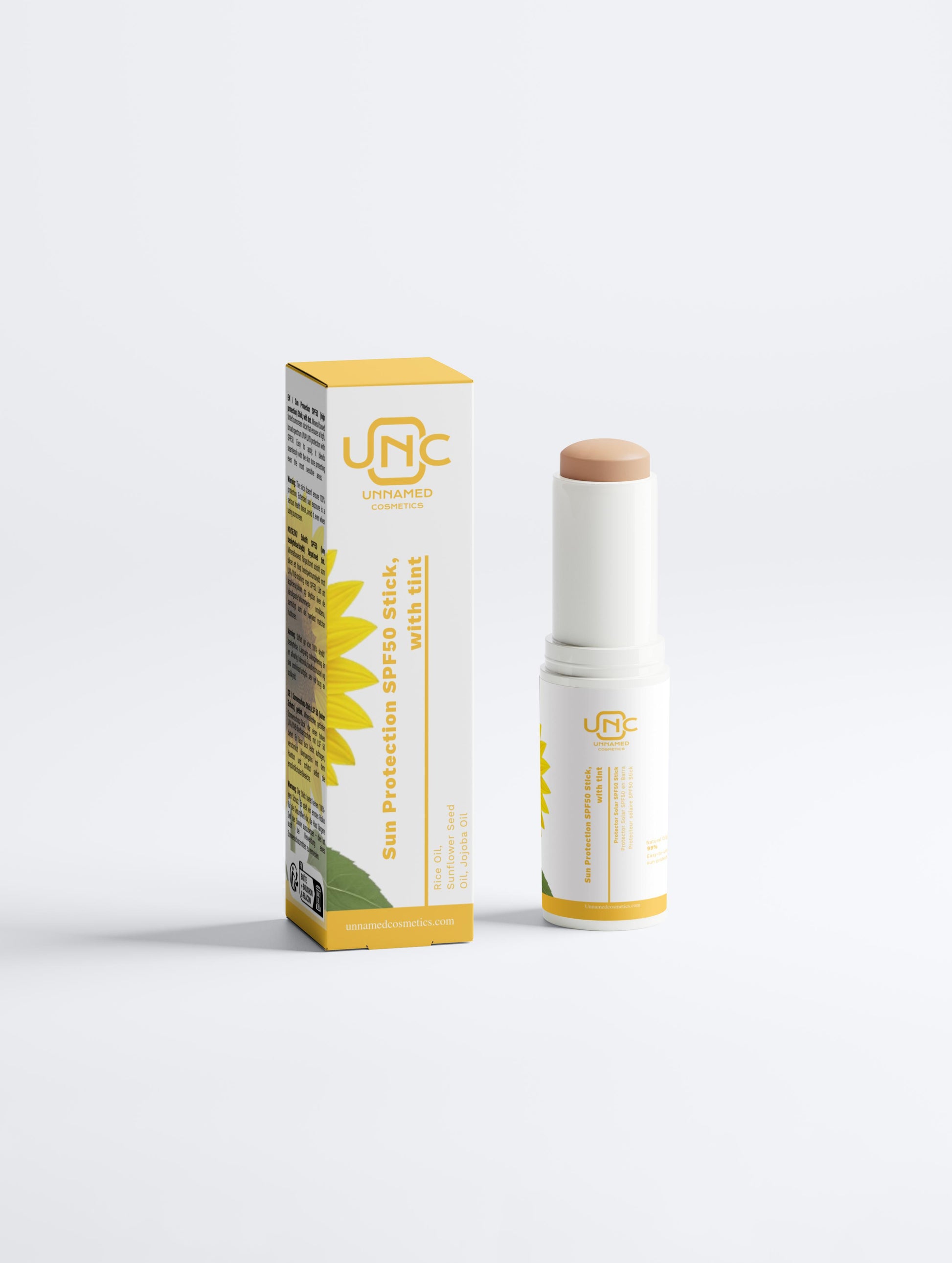 Protetor Solar Mineral Facial em bastao da Unnamed Cosmetics com embalagem branca e amarela