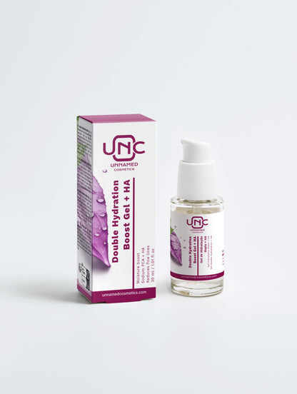 Gel Hidratante com Acido Hialuronico Unnamed Cosmetics embalagem branca e roxa com frasco transparente