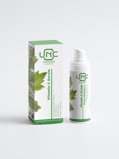 Serum Vitamina C Energizante da Unnamed Cosmetics com embalagem branca e verde com detalhe de folha